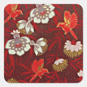 Burgund Red Gold Bird Blume Glitzer Quadratischer Aufkleber