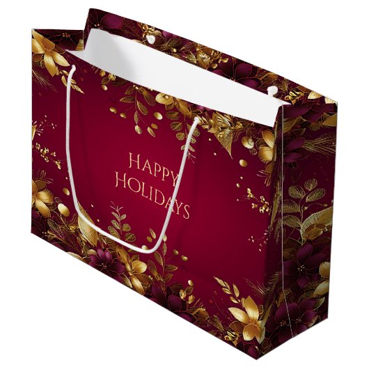 Burgund Red Gold Blume Holiday Gift Bag Große Geschenktüte (Vorderseite Schrägansicht)