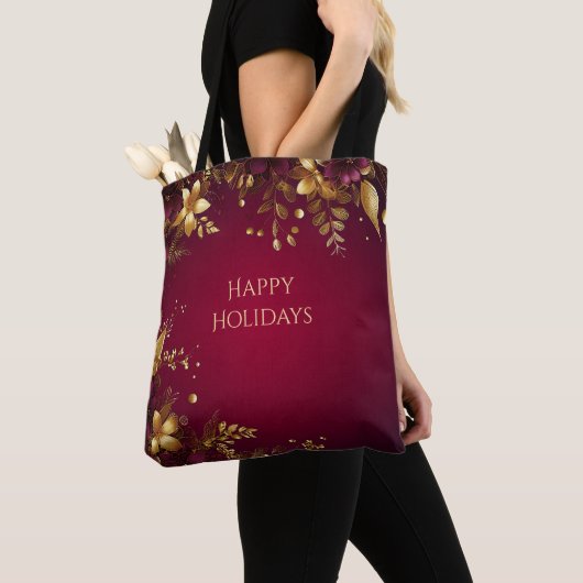 Burgund Red Gold Blume Holiday Toag Tasche (Von Nahem)