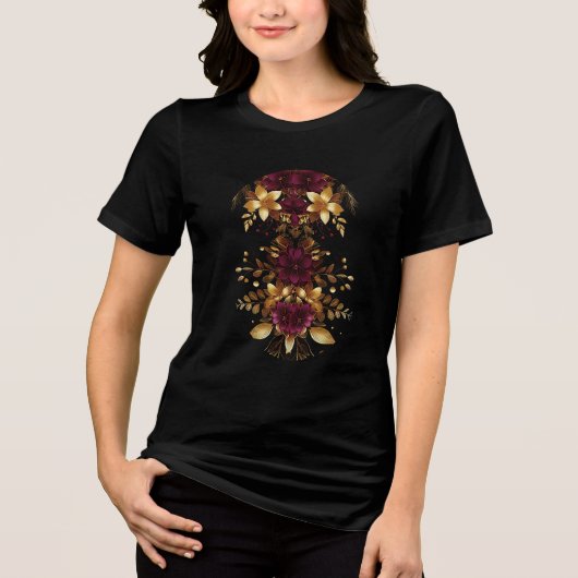 Burgund Red Gold Blume Urlaub Frauen T - Shirt (Vorderseite)