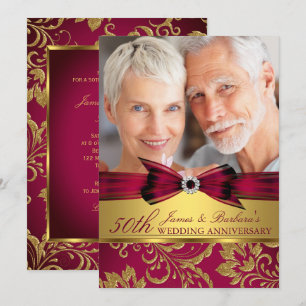 Burgund Red Gold Foto 50. Hochzeitstag Einladung