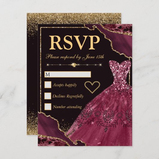 Burgund Red & Gold Glitzer Agate & Dress Sweet 16 RSVP Karte (Vorne/Hinten)
