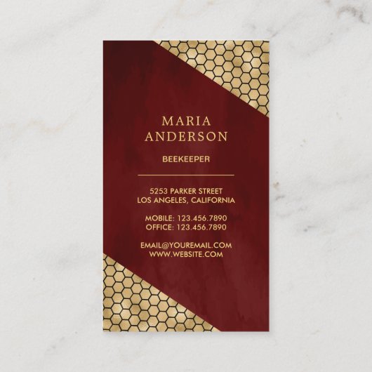 Burgund Red Gold Glitzer Honey Beekeeper Visitenkarte (Rückseite)