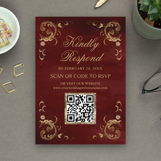 Burgund Red Gold QR Code UAWG Wedding Website Begleitkarte