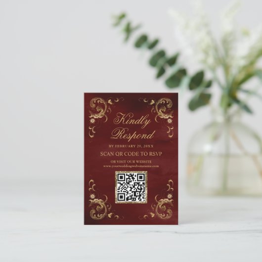 Burgund Red Gold QR Code UAWG Wedding Website Begleitkarte (Stehend Vorderseite)