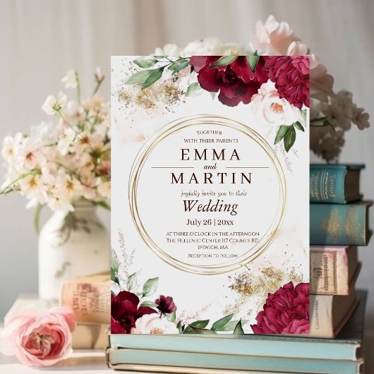 Burgund Red Gold Rose Blume Elegante Hochzeit Einladung