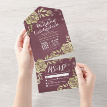 Burgund Red Gold Rose String Lights Wedding RSVP