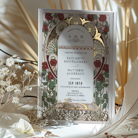 Burgund Red Gold Wedding Art Nouveau Vintag Folieneinladung