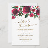 Burgund Red Green Gold Floral Weihnachts-Party Einladung (Vorderseite)