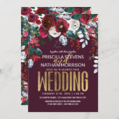 Burgund Red Ivory Floral Arrangement Gold Hochzeit Einladung (Vorne/Hinten)