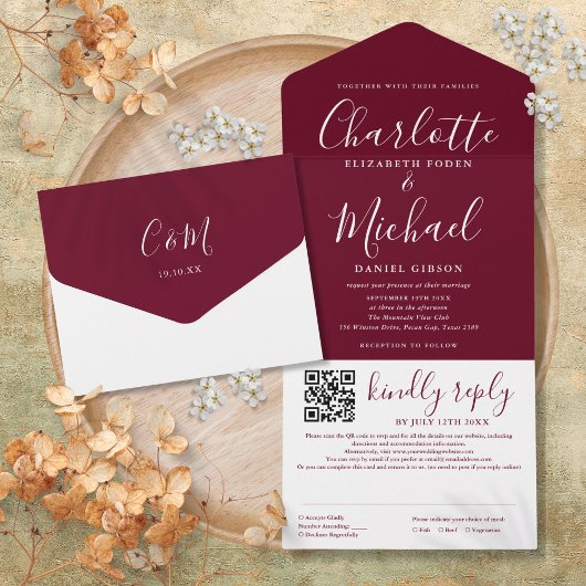 Burgund Red Modern Script QR Code Hochzeit All In One Einladung