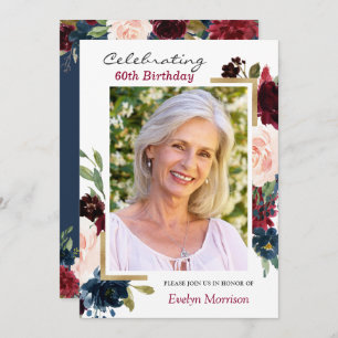 Burgund Red Navy Blue Floral Foto Geburtstagsparty Einladung