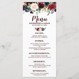 Burgund Red Navy Floral Boho Hochzeitsmenü Menükarte