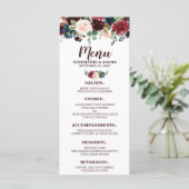 Burgund Red Navy Floral Boho Hochzeitsmenü Menükarte (Stehend Vorderseite)