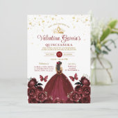 Burgund Red Quinceañera 15 Anos Blume Gold Einladung (Stehend Vorderseite)