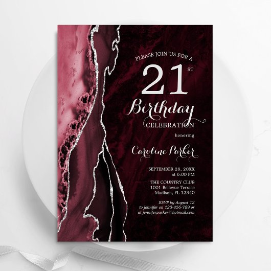 Burgund Red Silver Agate 21. Geburtstag Einladung