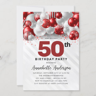 Burgund Red Silver Balloon Glitzer 50. Geburtstag Einladung