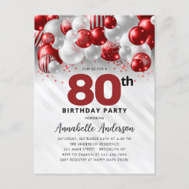 Burgund Red Silver Balloon Glitzer 80. Geburtstag Postkarte
