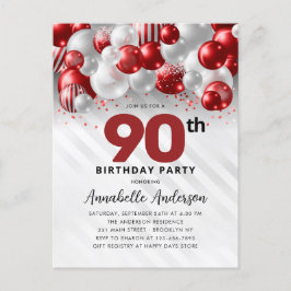 Burgund Red Silver Balloon Glitzer 90. Geburtstag Postkarte