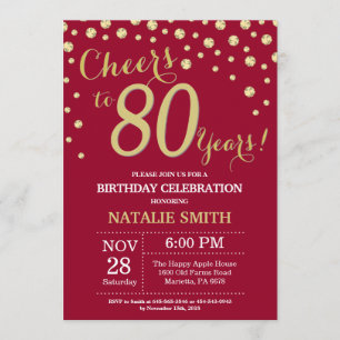 Burgund Red und Gold 80. Geburtstag Diamant Einladung
