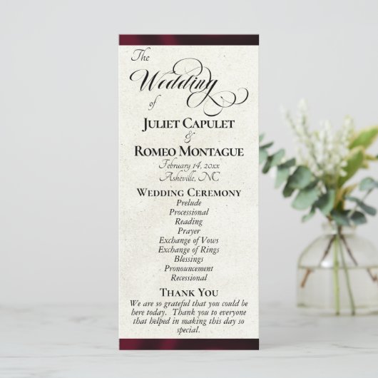 Burgund-Ribbon-Hochzeitsprogramm Programm (Stehend Vorderseite)