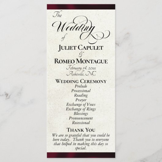 Burgund-Ribbon-Hochzeitsprogramm Programm (Vorderseite)