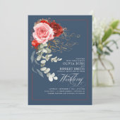 Burgund Rosa Blume Boho Navy Blue Wedding Einladung (Stehend Vorderseite)