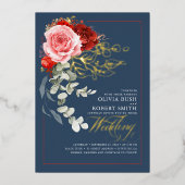 Burgund Rosa Blume Boho Navy Blue Wedding Folieneinladung (Vorderseite)