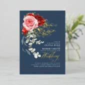 Burgund Rosa Blume Boho Navy Blue Wedding Folieneinladung (Stehend vorne)