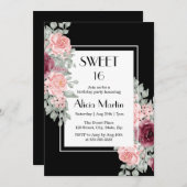 Burgund Rosa Blume Sweet 16 Black Birthday Einladung (Vorne/Hinten)