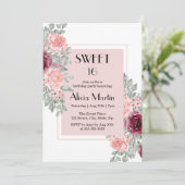 Burgund Rosa Blume Sweet 16 White Birthday Einladung (Stehend Vorderseite)