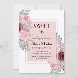 Burgund Rosa Blume Sweet 16 White Birthday Einladung