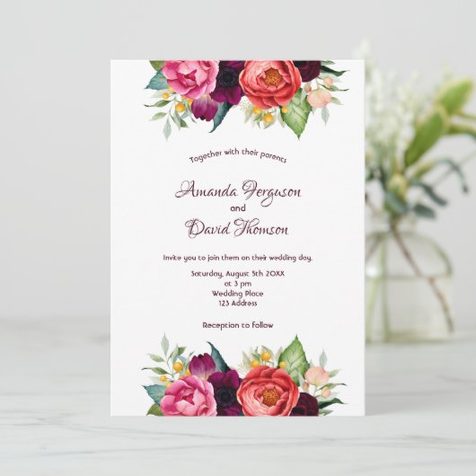 Burgund rosa Blumengestelle fallen weiße Hochzeit Einladung (Stehend Vorderseite)