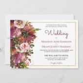 Burgund Rosa Blütengoldfarben auf einer Hochzeit Einladung (Vorderseite)