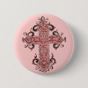 Burgund Rosa Kreuz Vintage Kunst Runder Knopf! Button