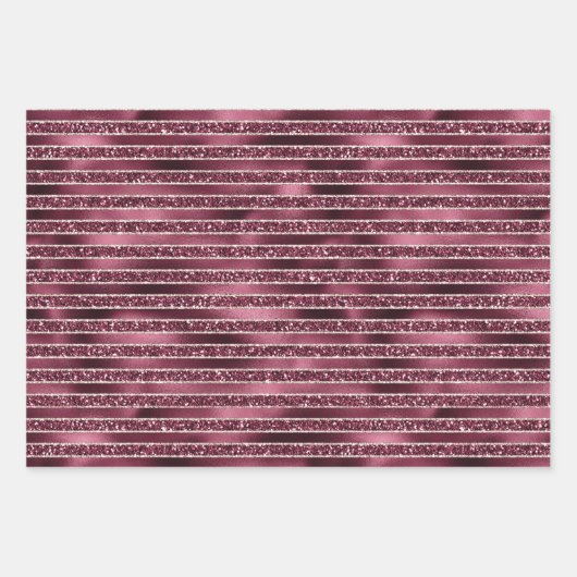Burgund Rosa Rose Gold Glitzer Streifen Geschenkpapier Set (Vorderseite)