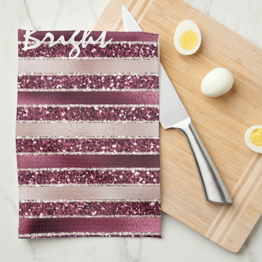Burgund Rosa Rose Gold Glitzer Streifen Geschirrtuch (Viertel Falte)