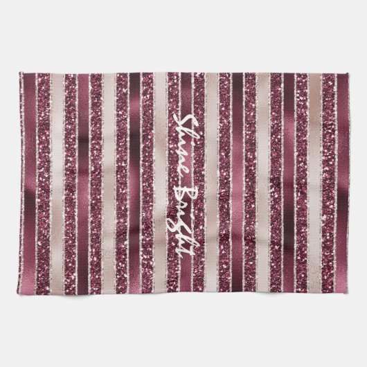 Burgund Rosa Rose Gold Glitzer Streifen Geschirrtuch (Horizontal)