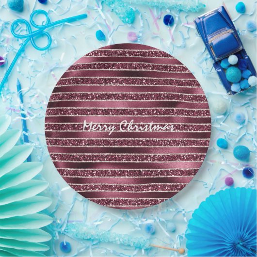 Burgund Rosa Rose Gold Glitzer Streifen Pappteller (Party)