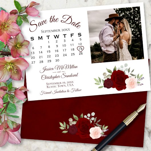 Burgund Rosa Rosen Hochzeitskalender & Foto Save The Date