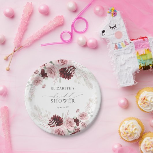 Burgund Rosa Roses Brautparty Pappteller (Party)