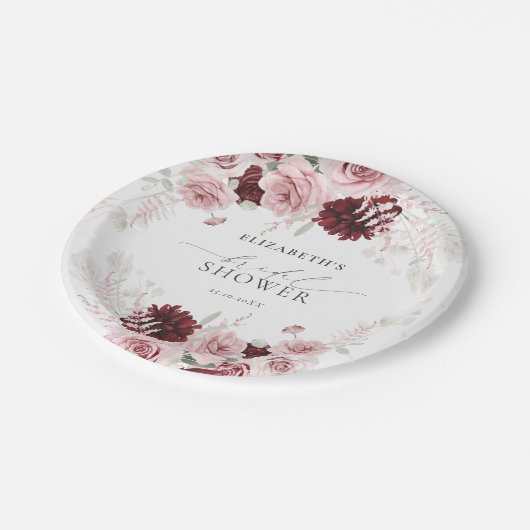 Burgund Rosa Roses Brautparty Pappteller (Schrägansicht)