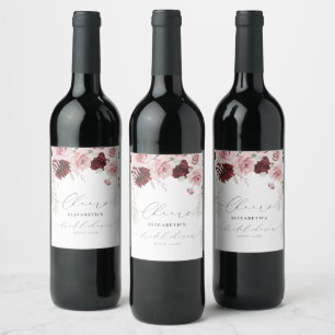 Burgund Rosa Roses Brautparty Weinetikett