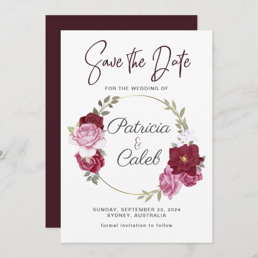 Burgund-Rosa-Rote Rosen-Rahmen Save the Date (Vorne/Hinten)