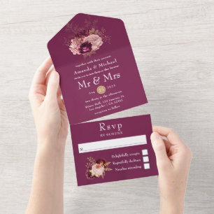 Burgund, Rosa und Gold All In One Einladung