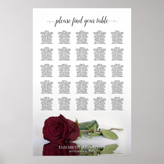 Burgund Rose 25 Tabelle Hochzeitstabelle Poster (Vorne)
