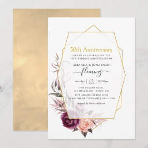 Burgund & Rosé Blumige Geometrische 50. Hochzeitst Einladung