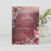 Burgund-Rose, Crown Bokeh Quinceañera Einladung (Stehend Vorderseite)
