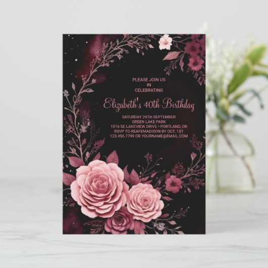 Burgund Rose Custom 40. Geburtstag Einladung (Stehend Vorderseite)