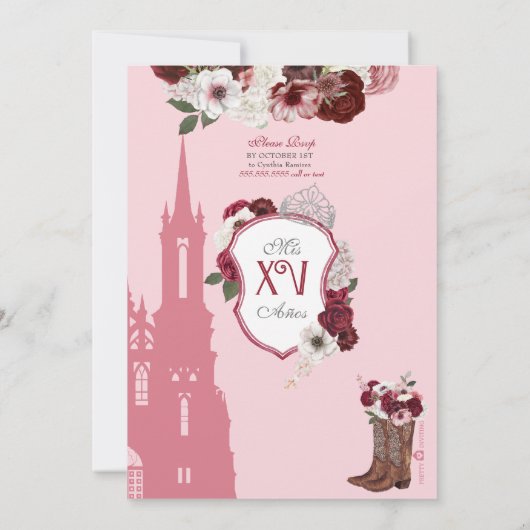 Burgund Rose Elegante Charro Prinzessin Quinceaner Einladung (Rückseite)